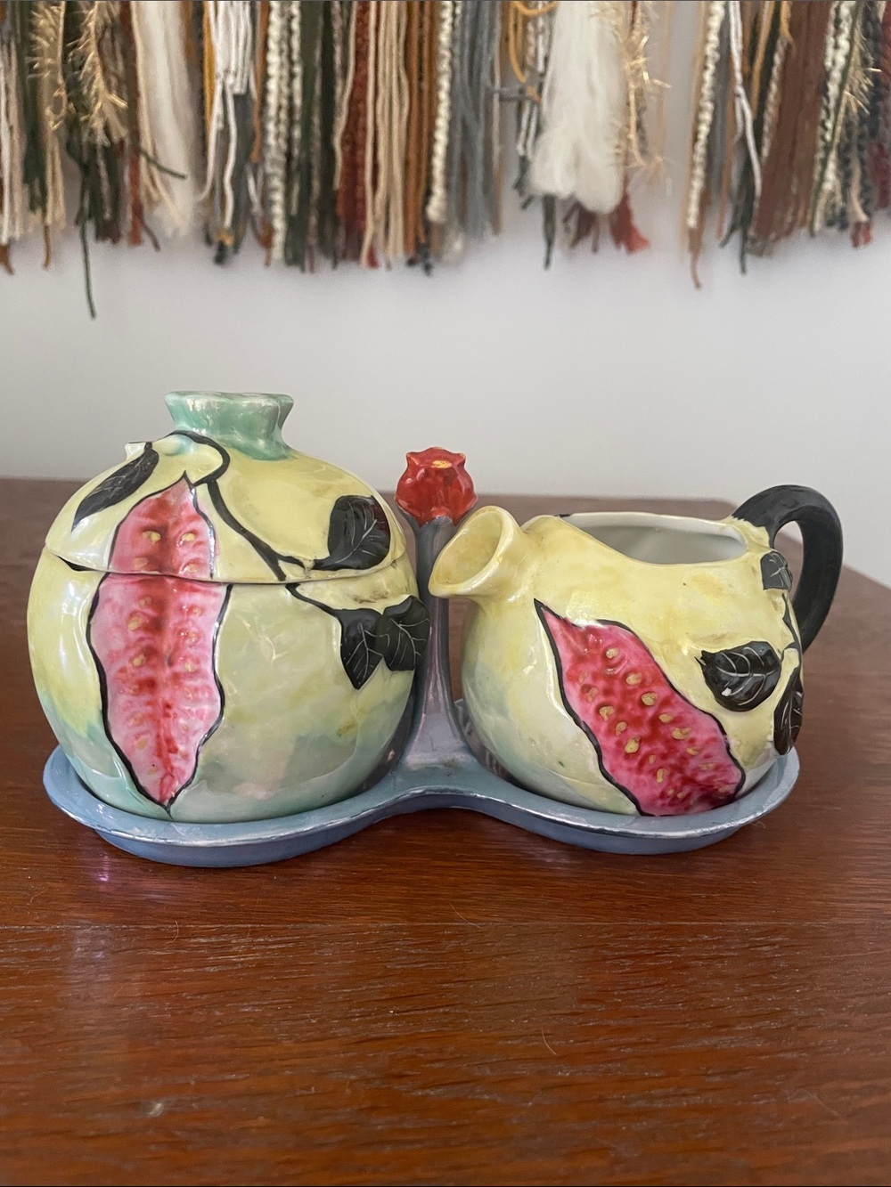 Hand-Painted  Ceramic Sugar and Creamer Set with Pink Fruit Motif